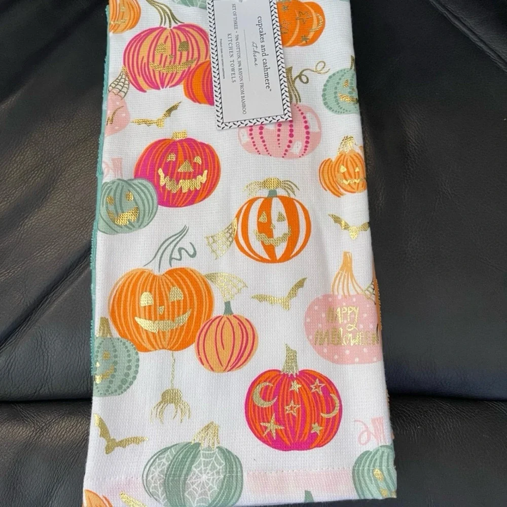 Halloween Cupcakes and Cashmere Pumpkin Kitchen Towel Set of 3